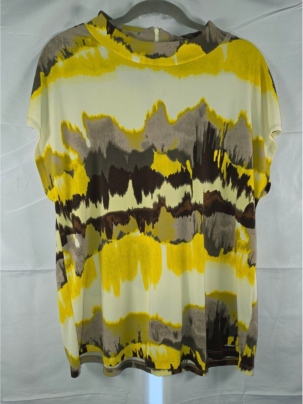 Calvin Klein XL Abstract Print Short Sleeve Top Yellow Gray Brown Pullover